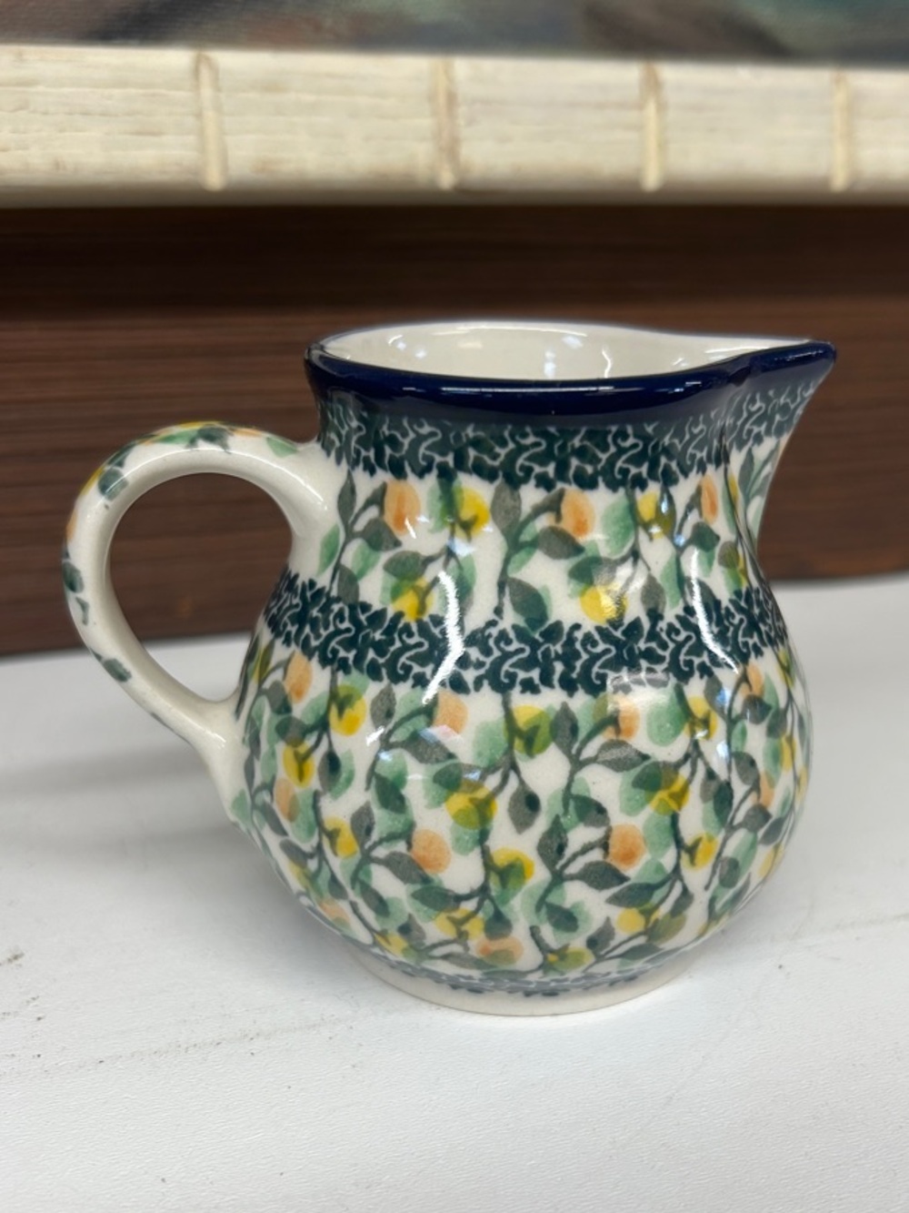 Vintage Polish Ceramic Creamer Pitcher in Blue, Green & Yellow Floral Motif